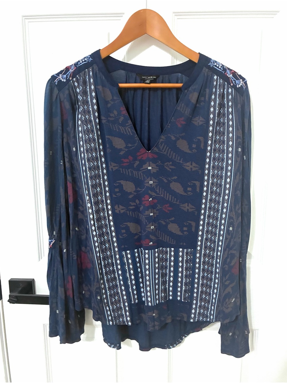 Lucky Brand Navy Boho V-Neck ruffle Long-Sleeve Top with embroidered details